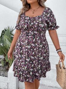 SHEIN VCAY 大碼碎花泡泡袖荷葉邊洋裝 - 彩色 - 查看 1