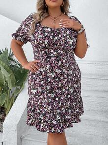 SHEIN VCAY 大碼碎花泡泡袖荷葉邊洋裝 - 彩色 - 查看 3