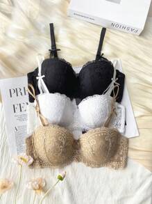 Shein Underwear&Sleepwear Basics 3pcs Lace Underwire Bra Lingerie