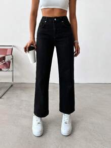 EURMUSE High Waist Straight Leg Jeans - Black - View 1