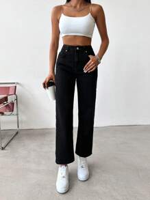 EURMUSE High Waist Straight Leg Jeans - Black - View 3