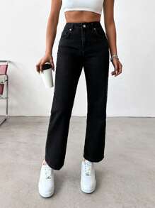 EURMUSE High Waist Straight Leg Jeans - Black - View 4