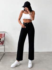 EURMUSE High Waist Straight Leg Jeans - Black - View 5