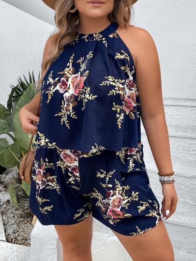 SHEIN VCAY Plus Floral Print Halter Top & Shorts