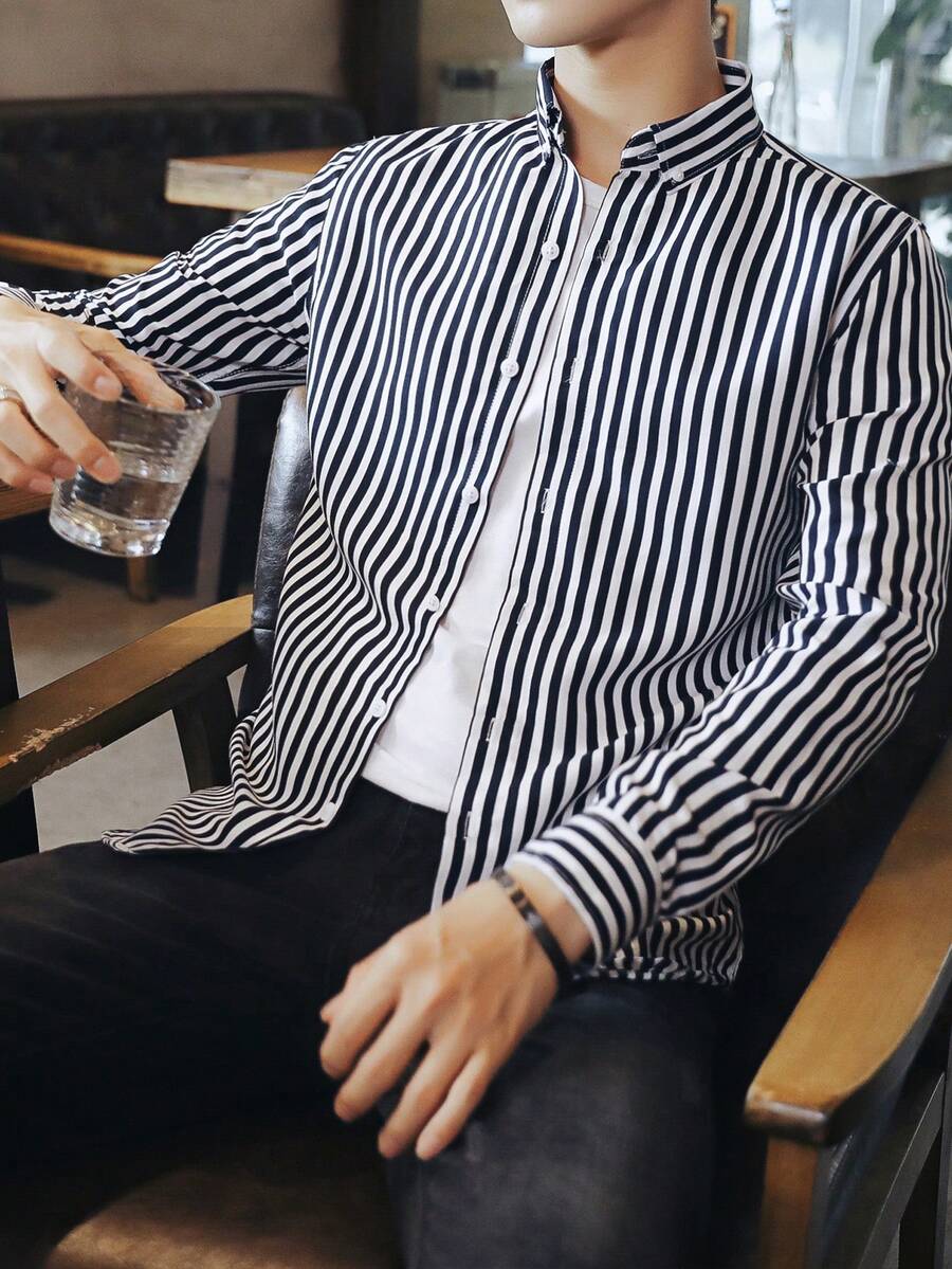 Men 1pc Striped Print Shirt - Black and White - View 1