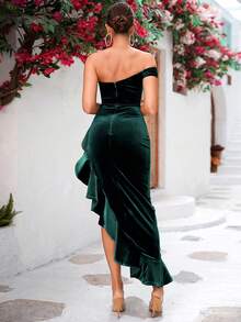 LOVE&LEMONADE Ruffle Trim Asymmetrical Hem Dress, Elegant Cocktail Semi Formal Prom Wedding Guest Dress, For Birthday, Graduation, Dinner, Homecoming - Green - View 2