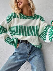 EURMUSE Striped Pattern Drop Shoulder Jumper - Multicolor - View 5