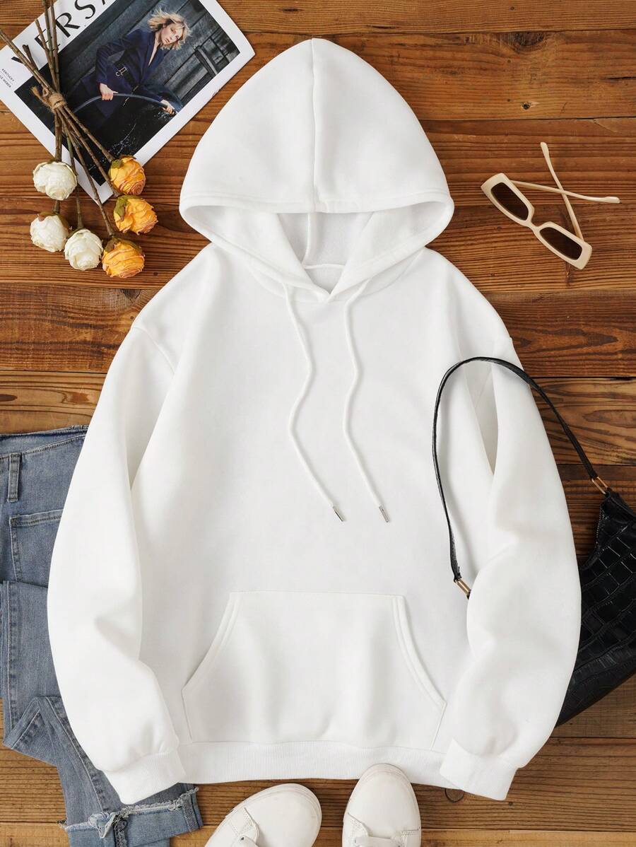 SHEIN EZwear 袋鼠口袋素色加絨內裏連帽衫 - 白色 - 查看 1