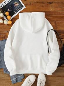 SHEIN EZwear 袋鼠口袋素色加絨內裏連帽衫 - 白色 - 查看 2