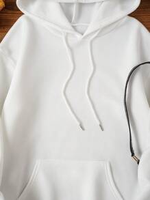 SHEIN EZwear 袋鼠口袋素色加絨內裏連帽衫 - 白色 - 查看 3