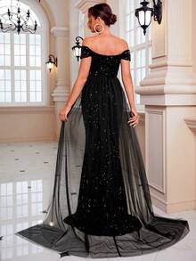 LOVE&LEMONADE Off Shoulder Split Thigh Sequin Formal Dress - Black - View 2