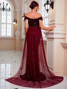 LOVE&LEMONADE Off Shoulder Split Thigh Sequin Formal Dress - Burgundy - View 2