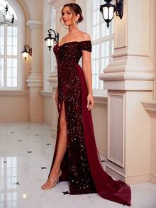 LOVE&LEMONADE Off Shoulder Split Thigh Sequin Formal Dress - Burgundy - View 5