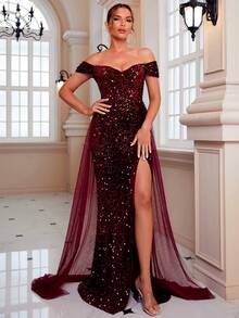 LOVE&LEMONADE Off Shoulder Split Thigh Sequin Formal Dress - Burgundy - View 6