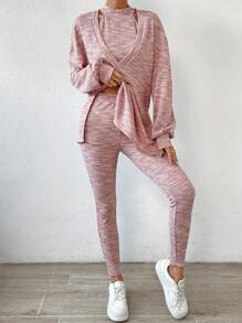 SHEIN Essnce 段染落肩袖下擺開叉T恤&掛脖上衣&緊身打底褲 - 粉色 - 查看 5