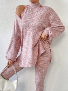 SHEIN Essnce 段染落肩袖下擺開叉T恤&掛脖上衣&緊身打底褲 - 粉色 - 查看 1