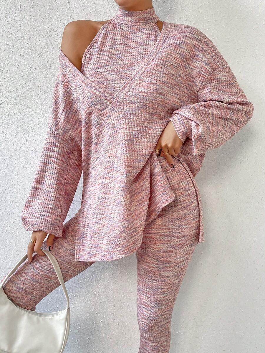 SHEIN Essnce 段染落肩袖下擺開叉T恤&掛脖上衣&緊身打底褲 - 粉色 - 查看 1