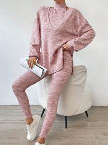 SHEIN Essnce 段染落肩袖下擺開叉T恤&掛脖上衣&緊身打底褲 - 粉色 - 查看 4