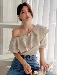 DAZY Asymmetrical Neck Ruffle Trim Blouse