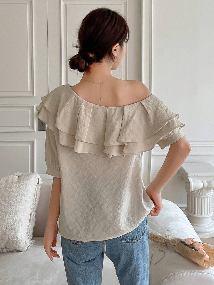 Asymmetrical Neck Ruffle Trim Blouse