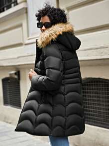 EURMUSE Fuzzy Trim Hooded Puffer Coat - Black - View 2