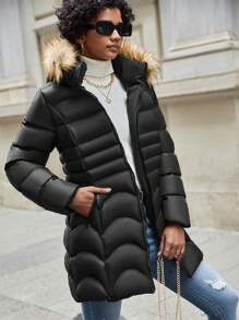 EURMUSE Fuzzy Trim Hooded Puffer Coat - Black - View 3