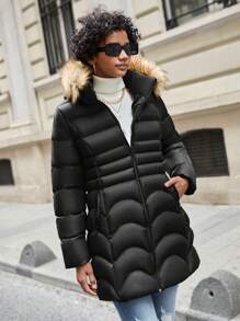 EURMUSE Fuzzy Trim Hooded Puffer Coat - Black - View 4