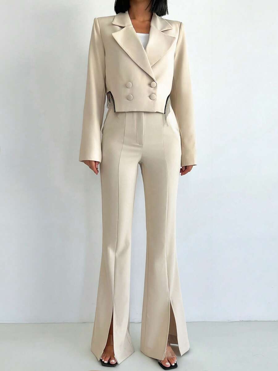 EURMUSE Double Breasted Blazer & Split Hem Flare Leg Pants - Apricot - View 1