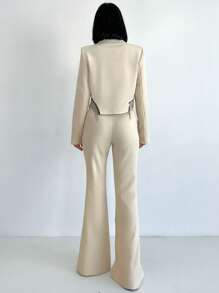 EURMUSE Double Breasted Blazer & Split Hem Flare Leg Pants - Apricot - View 2