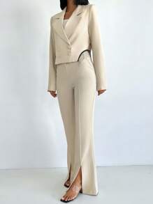 EURMUSE Double Breasted Blazer & Split Hem Flare Leg Pants - Apricot - View 5