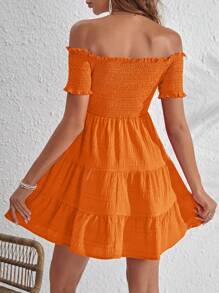 SHEIN VCAY Off Shoulder Ruffle Hem Dress - Orange - View 2