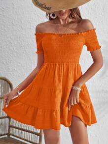 SHEIN VCAY Off Shoulder Ruffle Hem Dress - Orange - View 3