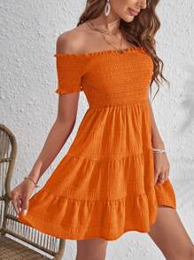 SHEIN VCAY Off Shoulder Ruffle Hem Dress - Orange - View 6