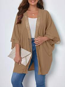 SHEIN VCAY Plus Contrast Lace Batwing Sleeve Kimono - Khaki - View 1