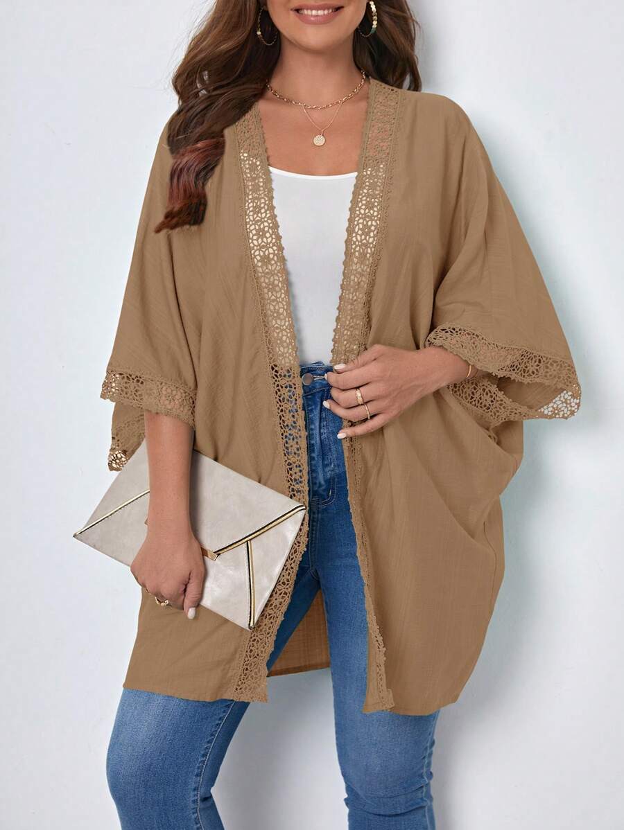 SHEIN VCAY Plus Contrast Lace Batwing Sleeve Kimono - Khaki - View 1