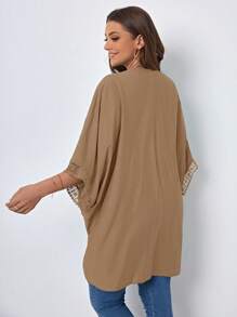 SHEIN VCAY Plus Contrast Lace Batwing Sleeve Kimono - Khaki - View 2