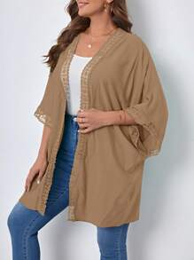SHEIN VCAY Plus Contrast Lace Batwing Sleeve Kimono - Khaki - View 5
