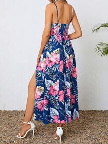 SHEIN VCAY Tropical Print Split Thigh Cami Dress - Multicolor - View 2