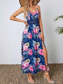 SHEIN VCAY Tropical Print Split Thigh Cami Dress - Multicolor - View 3