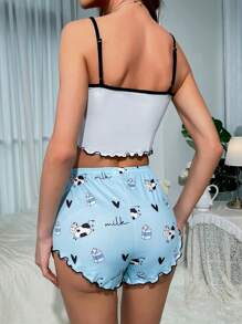 卡通圖案木耳邊前蝴蝶結睡衣套裝 - 藍白色 - 查看 2