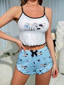 卡通圖案木耳邊前蝴蝶結睡衣套裝 - 藍白色 - 查看 5