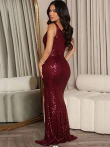 高衩亮片正式連衣裙 - 酒紅色 - 查看 2