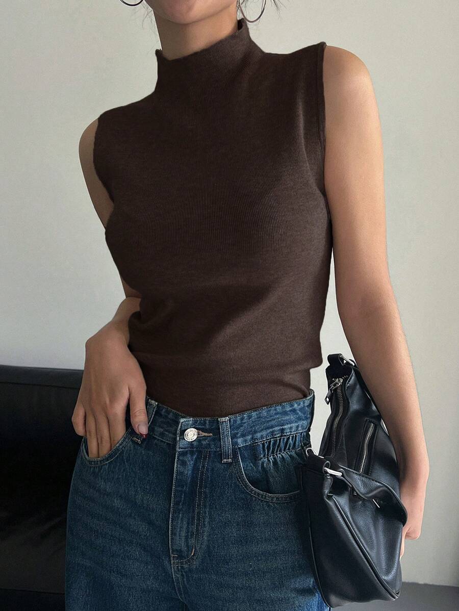 DAZY Solid Mock Neck Ribbed Knit Sweater Vest - Coffee Brown - View 1