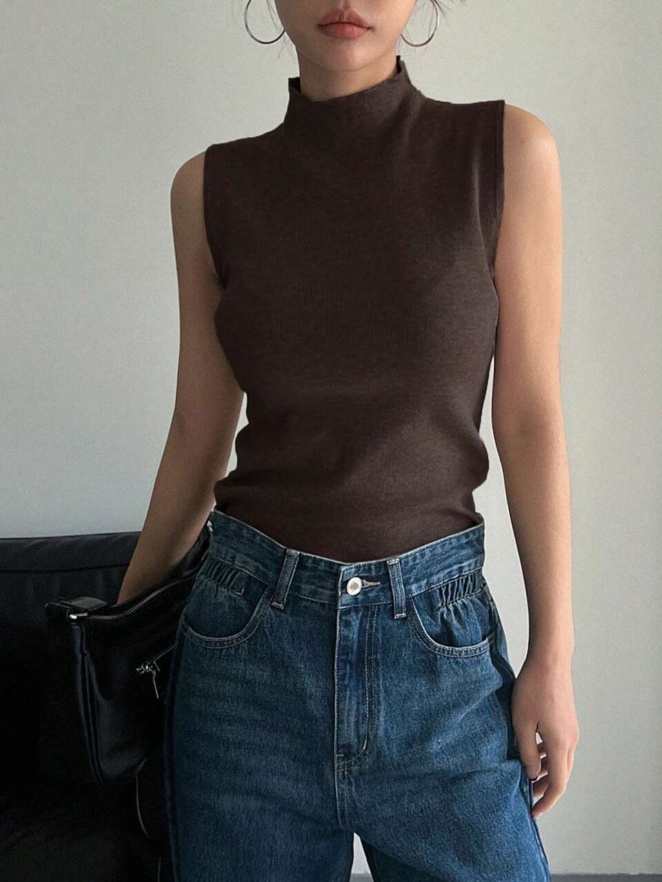 Solid Mock Neck Ribbed Knit Sweater Vest