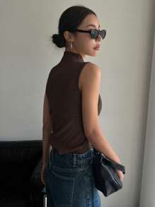 DAZY Solid Mock Neck Ribbed Knit Sweater Vest - Coffee Brown - View 3