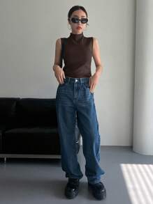 DAZY Solid Mock Neck Ribbed Knit Sweater Vest - Coffee Brown - View 4