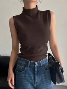 DAZY Solid Mock Neck Ribbed Knit Sweater Vest - Coffee Brown - View 5