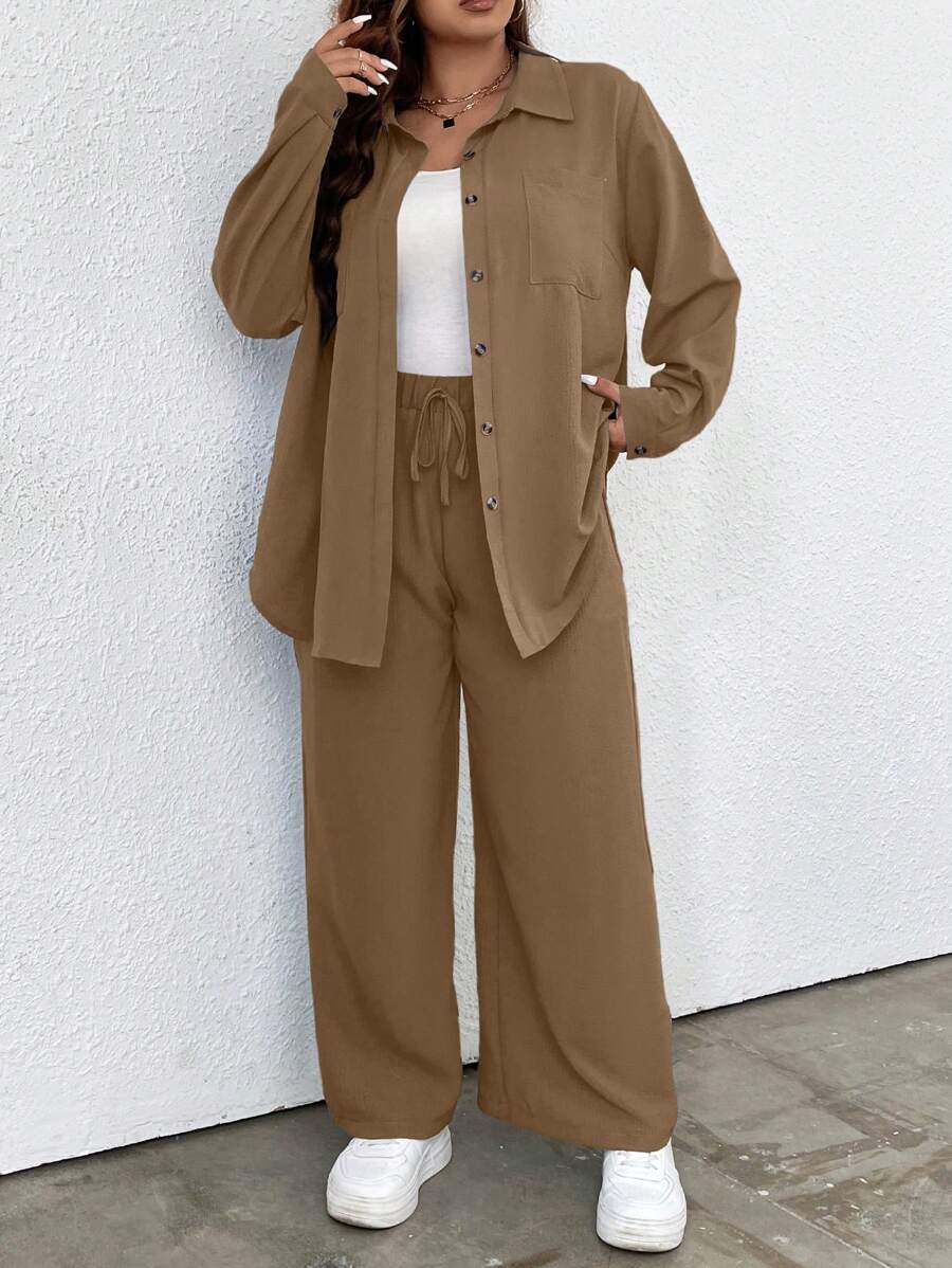 Calvaya Plus Patched Pocket Drop Shoulder Shirt & Wide Leg Pants Fall Cloth For Women - Mocha Brown - View 1