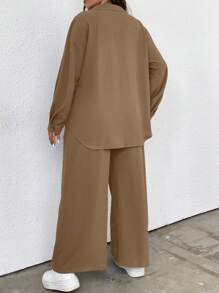 Calvaya Plus Patched Pocket Drop Shoulder Shirt & Wide Leg Pants Fall Cloth For Women - Mocha Brown - View 2