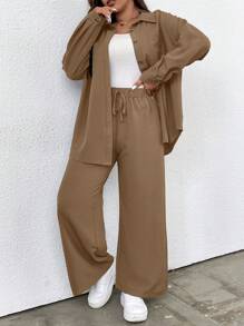 Calvaya Plus Patched Pocket Drop Shoulder Shirt & Wide Leg Pants Fall Cloth For Women - Mocha Brown - View 5